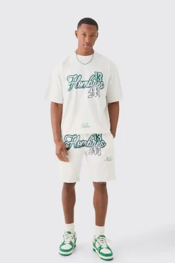 Oversized Boxy Raw Hem Homme Print T-shirt And Short Set | BoohooMAN UK