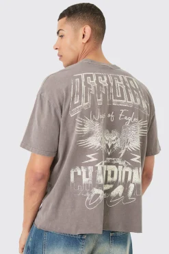 Oversized Boxy Raw Hem Washed Eagle Print T-shirt | BoohooMAN UK