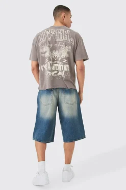 Oversized Boxy Raw Hem Washed Eagle Print T-shirt | BoohooMAN UK