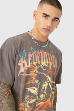 Oversized Boxy Redemption Moto Wash T-shirt | BoohooMAN UK