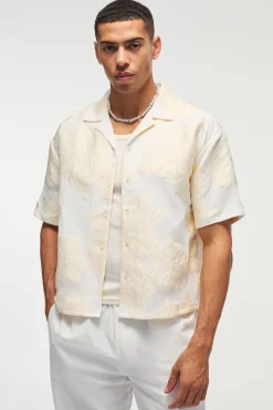 Oversized Boxy Revere Applique Shirt In Ecru | BoohooMAN UK