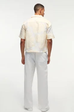 Oversized Boxy Revere Applique Shirt In Ecru | BoohooMAN UK