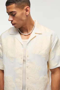 Oversized Boxy Revere Applique Shirt In Ecru | BoohooMAN UK