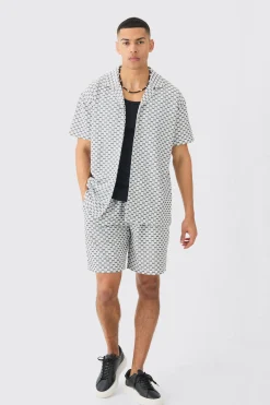 Oversized Boxy Revere Geo Jacquard Shirt & Short Set | BoohooMAN UK