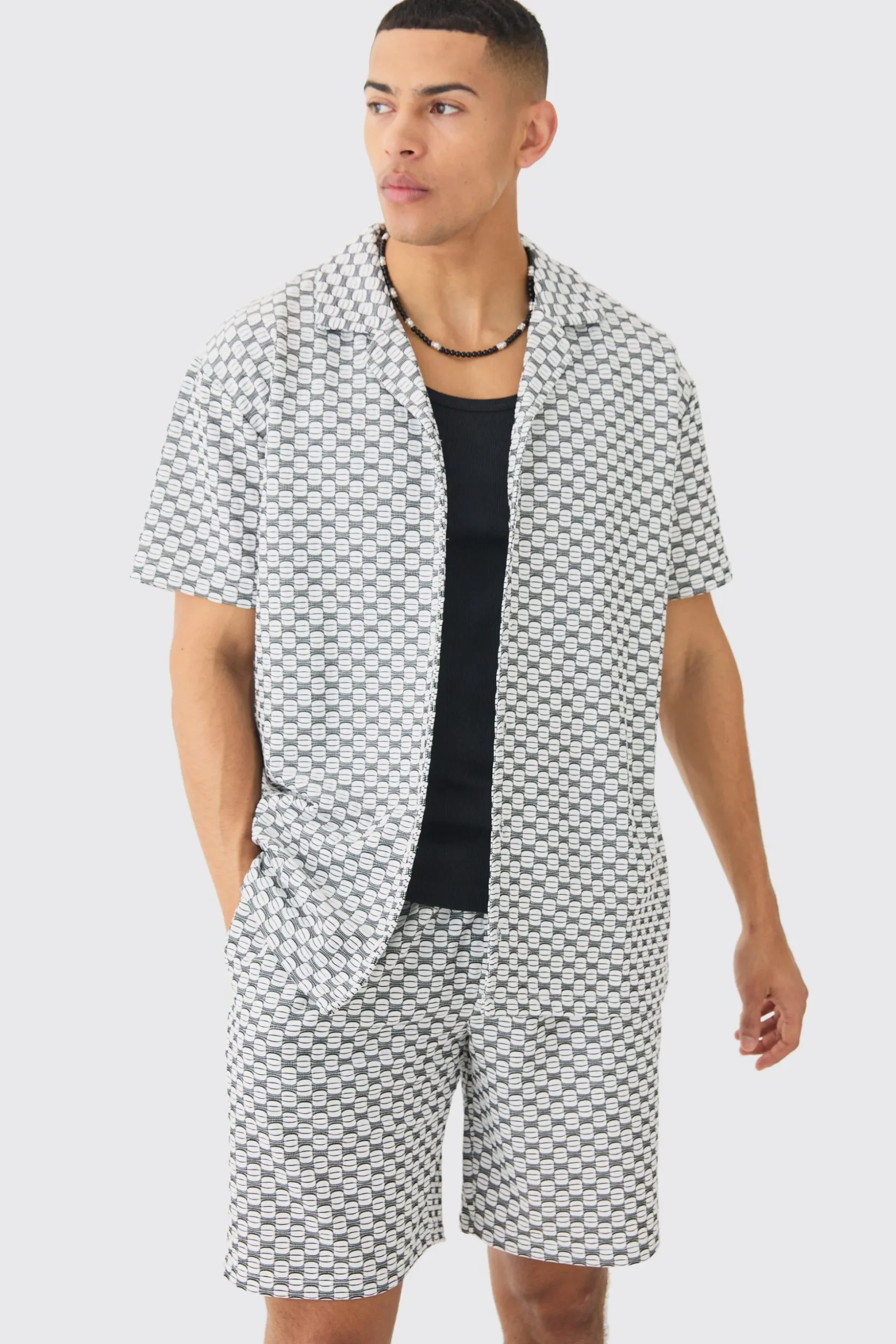 Oversized Boxy Revere Geo Jacquard Shirt & Short Set | BoohooMAN UK