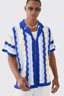 Oversized Boxy Revere Open Knit Stripe Shirt In Blue | BoohooMAN UK