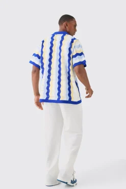 Oversized Boxy Revere Open Knit Stripe Shirt In Blue | BoohooMAN UK