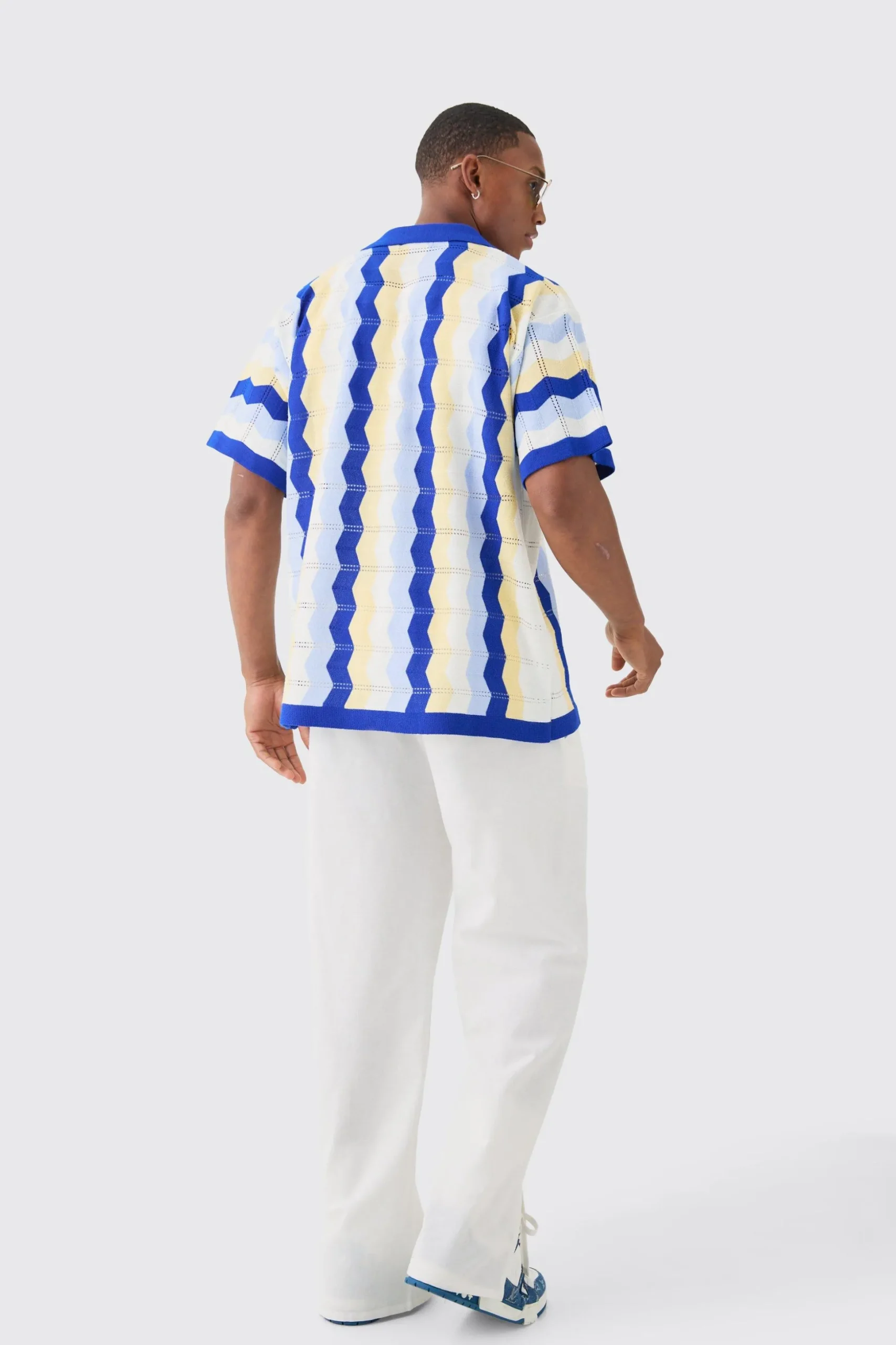 Oversized Boxy Revere Open Knit Stripe Shirt In Blue | BoohooMAN UK