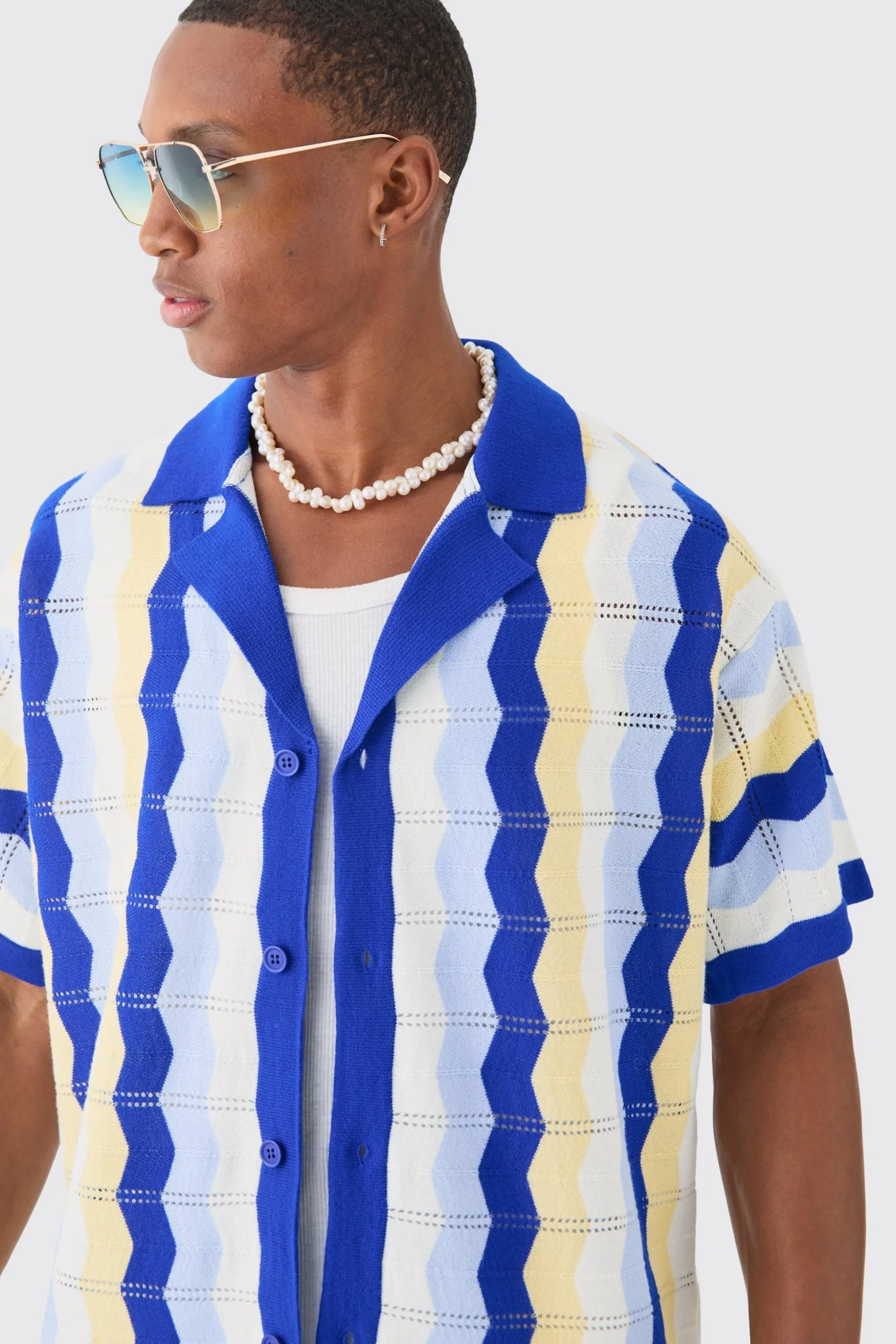 Oversized Boxy Revere Open Knit Stripe Shirt In Blue | BoohooMAN UK