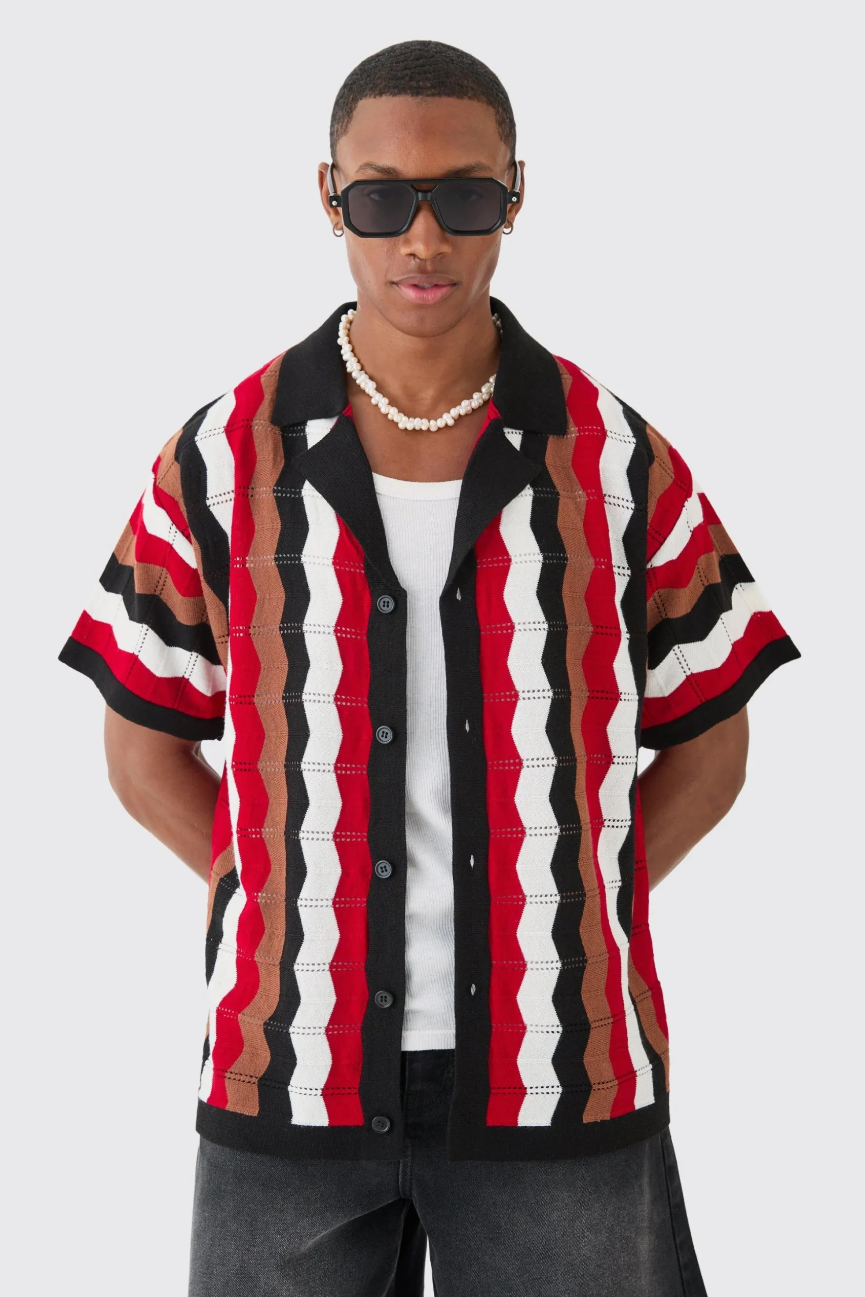 Oversized Boxy Revere Open Knit Stripe Shirt In Red | BoohooMAN UK