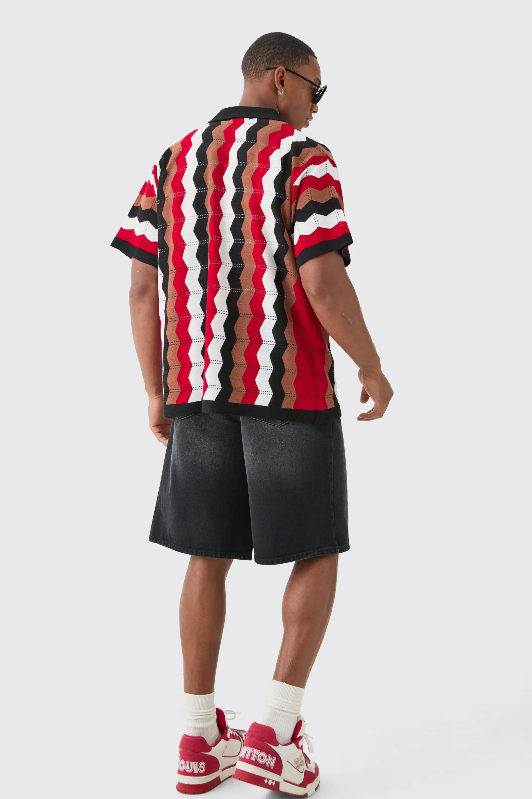 Oversized Boxy Revere Open Knit Stripe Shirt In Red | BoohooMAN UK