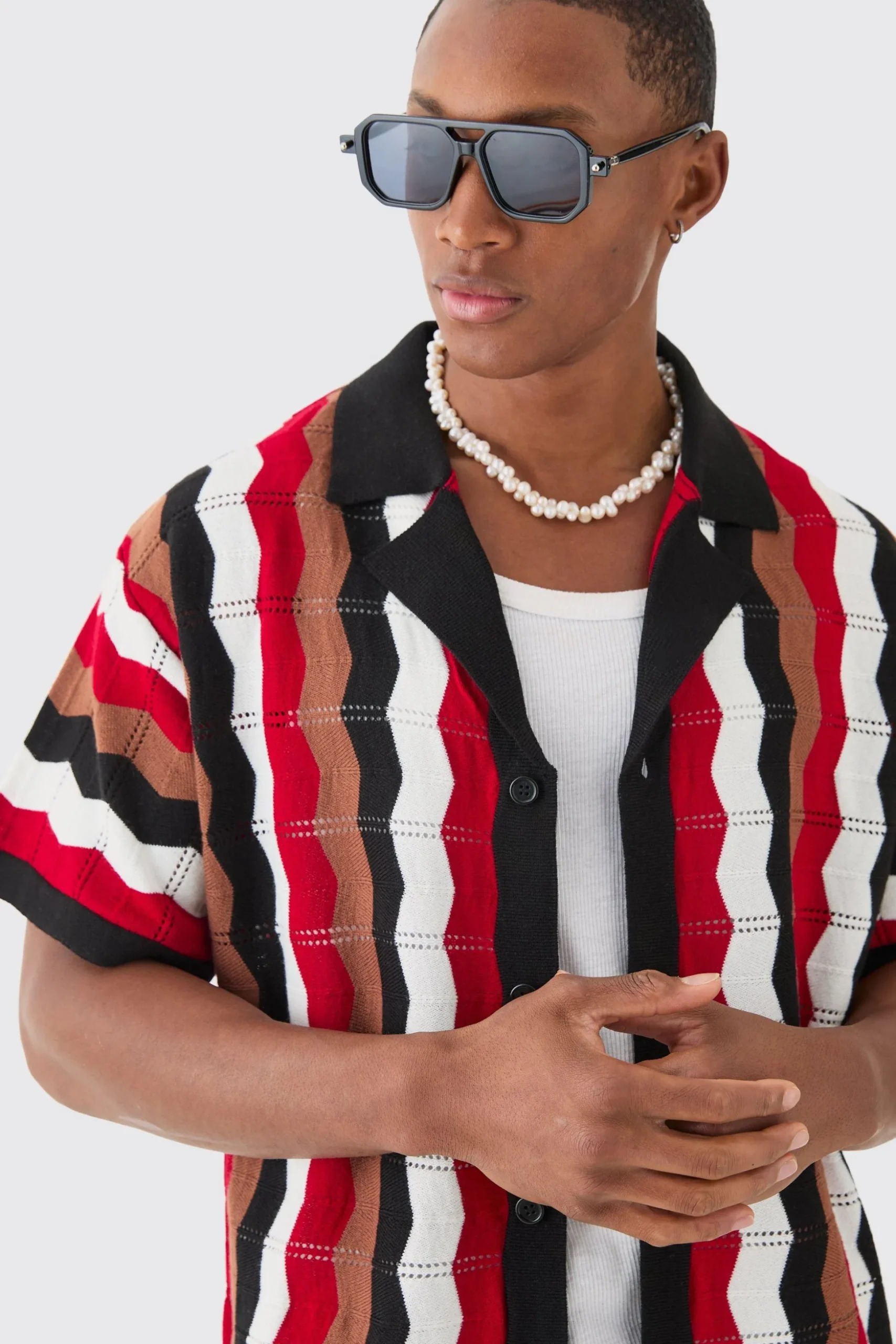 Oversized Boxy Revere Open Knit Stripe Shirt In Red | BoohooMAN UK