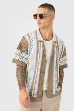 Oversized Boxy Revere Open Knit Knit Stripe Shirt | BoohooMAN UK