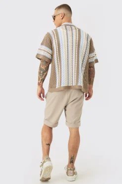 Oversized Boxy Revere Open Knit Knit Stripe Shirt | BoohooMAN UK