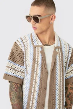 Oversized Boxy Revere Open Knit Knit Stripe Shirt | BoohooMAN UK