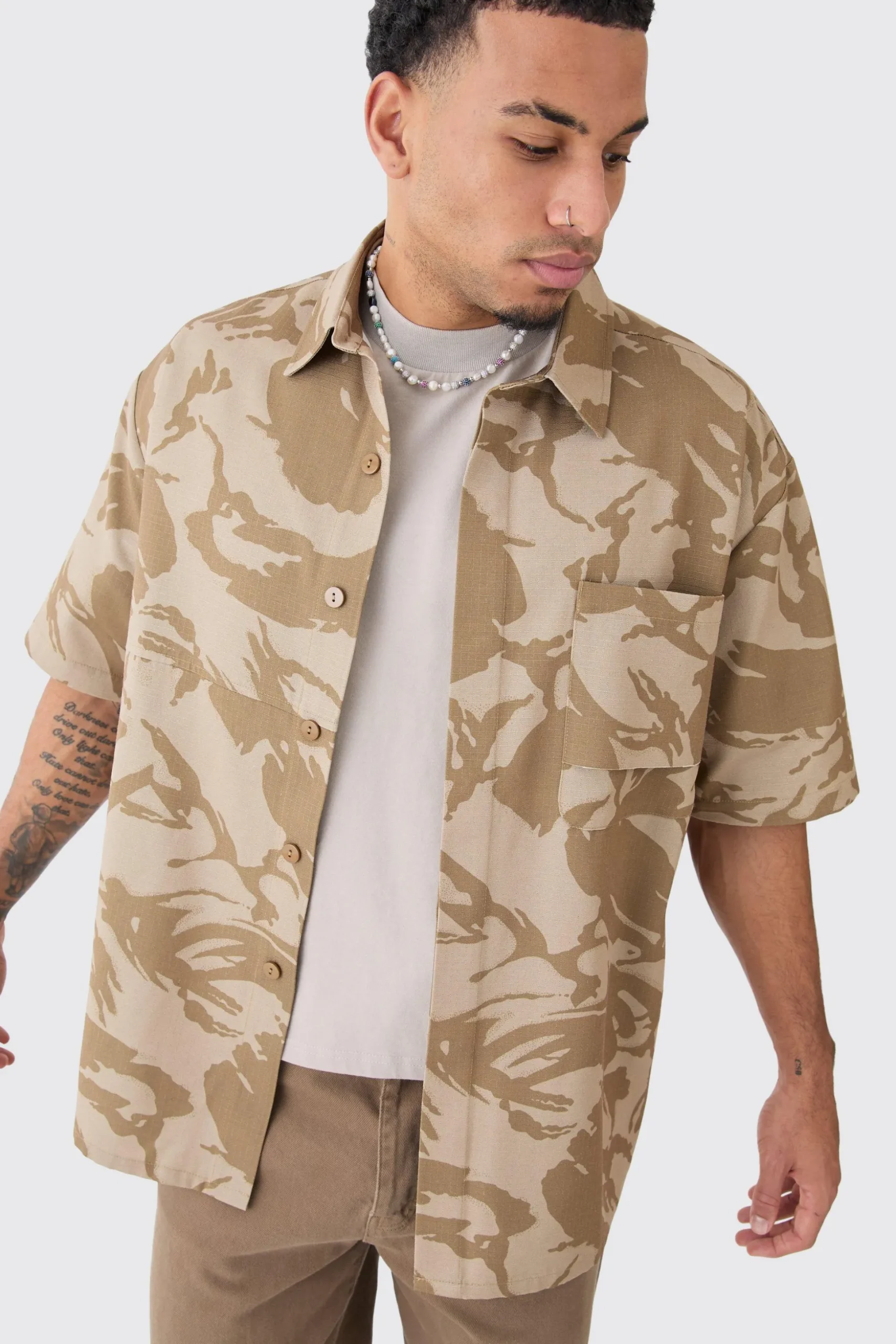 Oversized Boxy Ripstop Camo Shirt | BoohooMAN UK