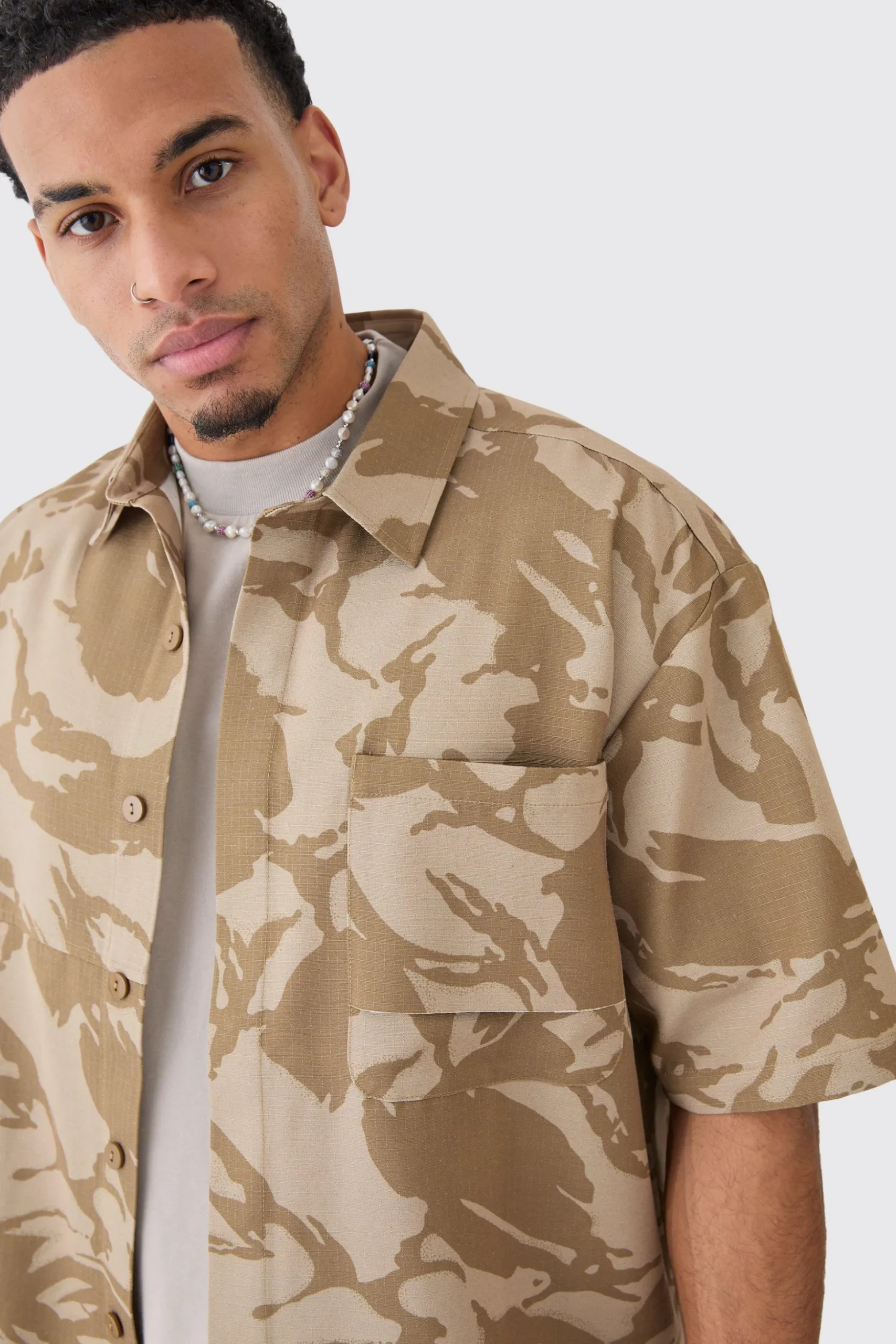 Oversized Boxy Ripstop Camo Shirt | BoohooMAN UK