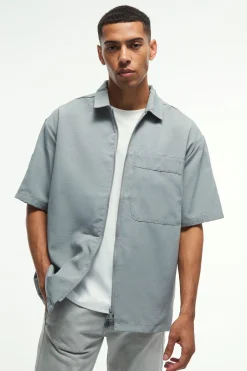 Oversized Boxy Ripstop Zip Through Shirt | BoohooMAN UK
