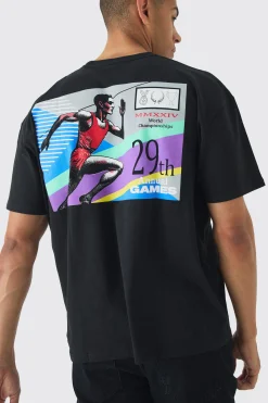 Oversized Boxy Running Stamp Print T-Shirt | BoohooMAN UK