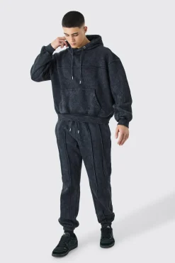 Oversized Boxy Seam Detail Washed Hooded Tracksuit | BoohooMAN UK