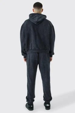 Oversized Boxy Seam Detail Washed Hooded Tracksuit | BoohooMAN UK