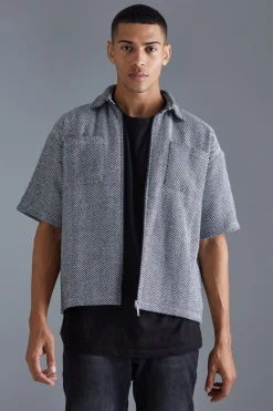 Oversized Boxy Short Sleeve Jacquard Shirt | BoohooMAN UK