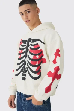 Oversized Boxy Skeleton Puff Print Cross Hoodie | BoohooMAN UK