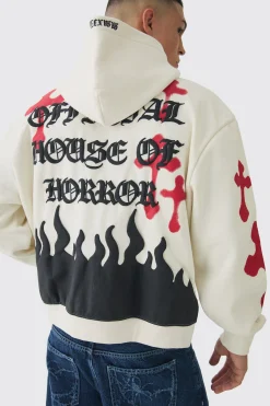 Oversized Boxy Skeleton Puff Print Cross Hoodie | BoohooMAN UK