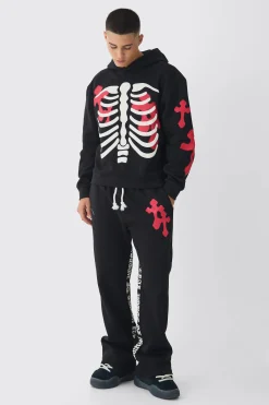 Oversized Boxy Skeleton Puff Print Cross Tracksuit | BoohooMAN UK