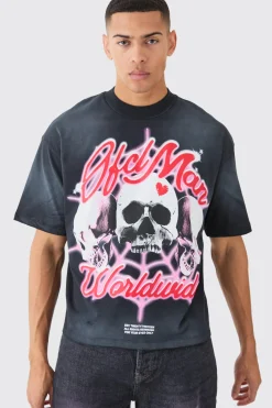 Oversized Boxy Skull Graphic Washed Heavyweight T-shirt | BoohooMAN UK