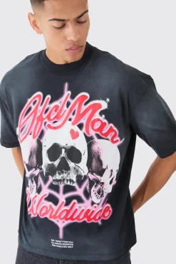 Oversized Boxy Skull Graphic Washed Heavyweight T-shirt | BoohooMAN UK