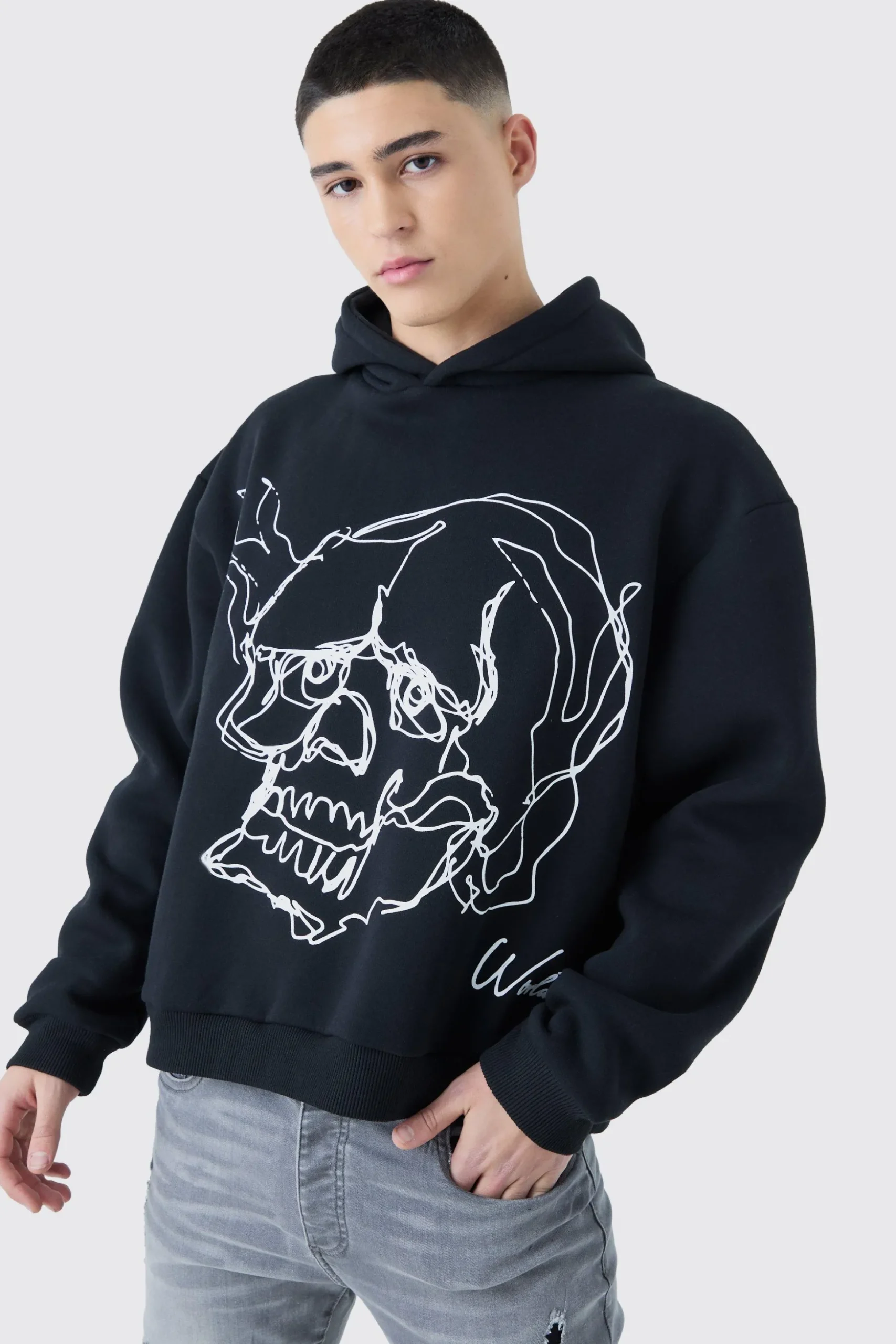 Oversized Boxy Skull Line Drawing Hoodie | BoohooMAN UK