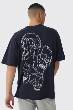Oversized Boxy Skull Line Drawing Back Print T-Shirt | BoohooMAN UK