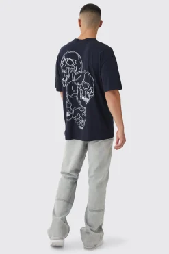Oversized Boxy Skull Line Drawing Back Print T-Shirt | BoohooMAN UK