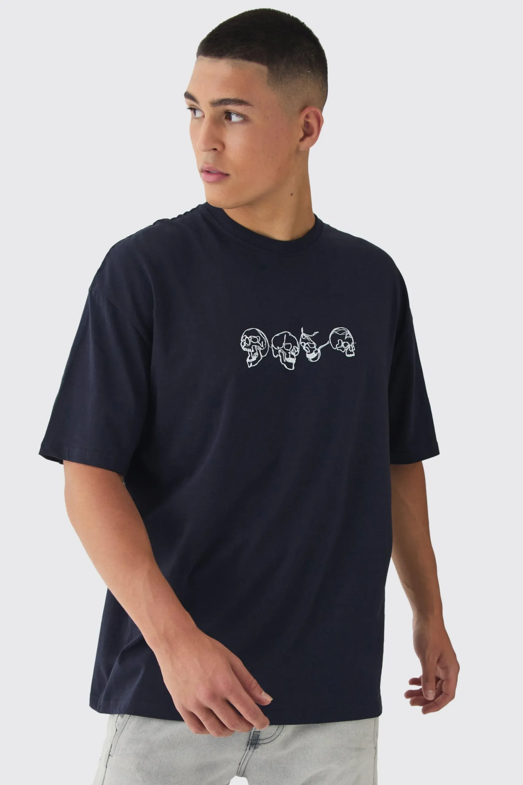 Oversized Boxy Skull Line Drawing Back Print T-Shirt | BoohooMAN UK