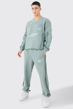 Oversized Boxy Sports Rib Sweatshirt Tracksuit | BoohooMAN UK