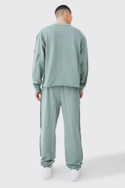 Oversized Boxy Sports Rib Sweatshirt Tracksuit | BoohooMAN UK
