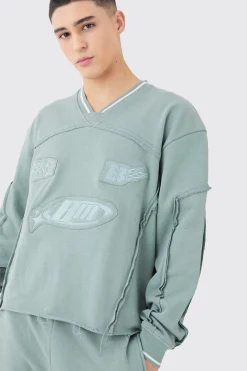 Oversized Boxy Sports Rib Sweatshirt Tracksuit | BoohooMAN UK