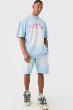 Oversized Boxy Spray Wash Multi Heart T-shirt & Short Set | BoohooMAN UK