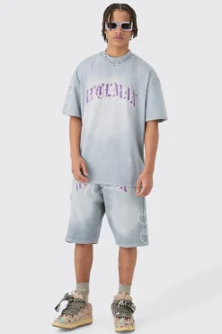 Oversized Boxy Spray Wash Multi Heart T-shirt & Short Set | BoohooMAN UK