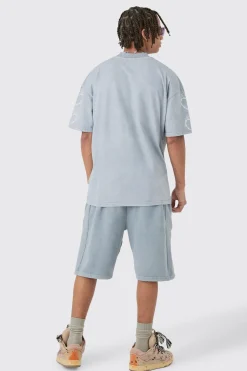 Oversized Boxy Spray Wash Multi Heart T-shirt & Short Set | BoohooMAN UK