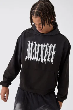 Oversized Boxy Spray Washed Blurred MMXIII Print Hoodie | BoohooMAN UK