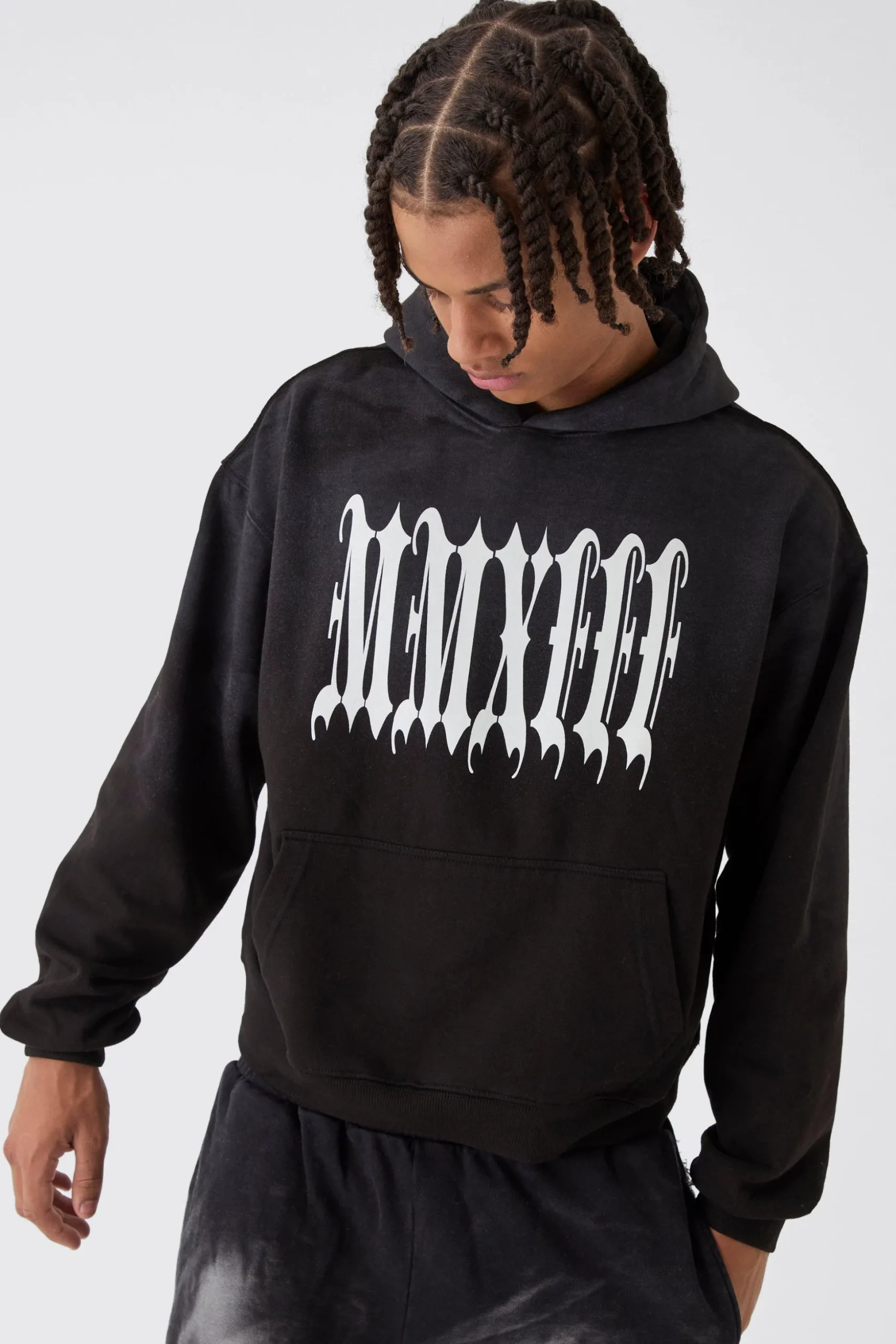 Oversized Boxy Spray Washed Blurred MMXIII Print Hoodie | BoohooMAN UK
