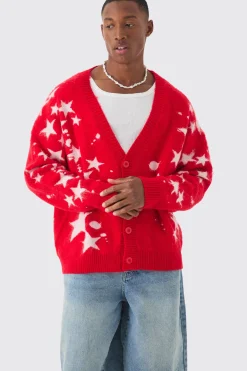Oversized Boxy Star Brushed Knitted Cardigan | BoohooMAN UK