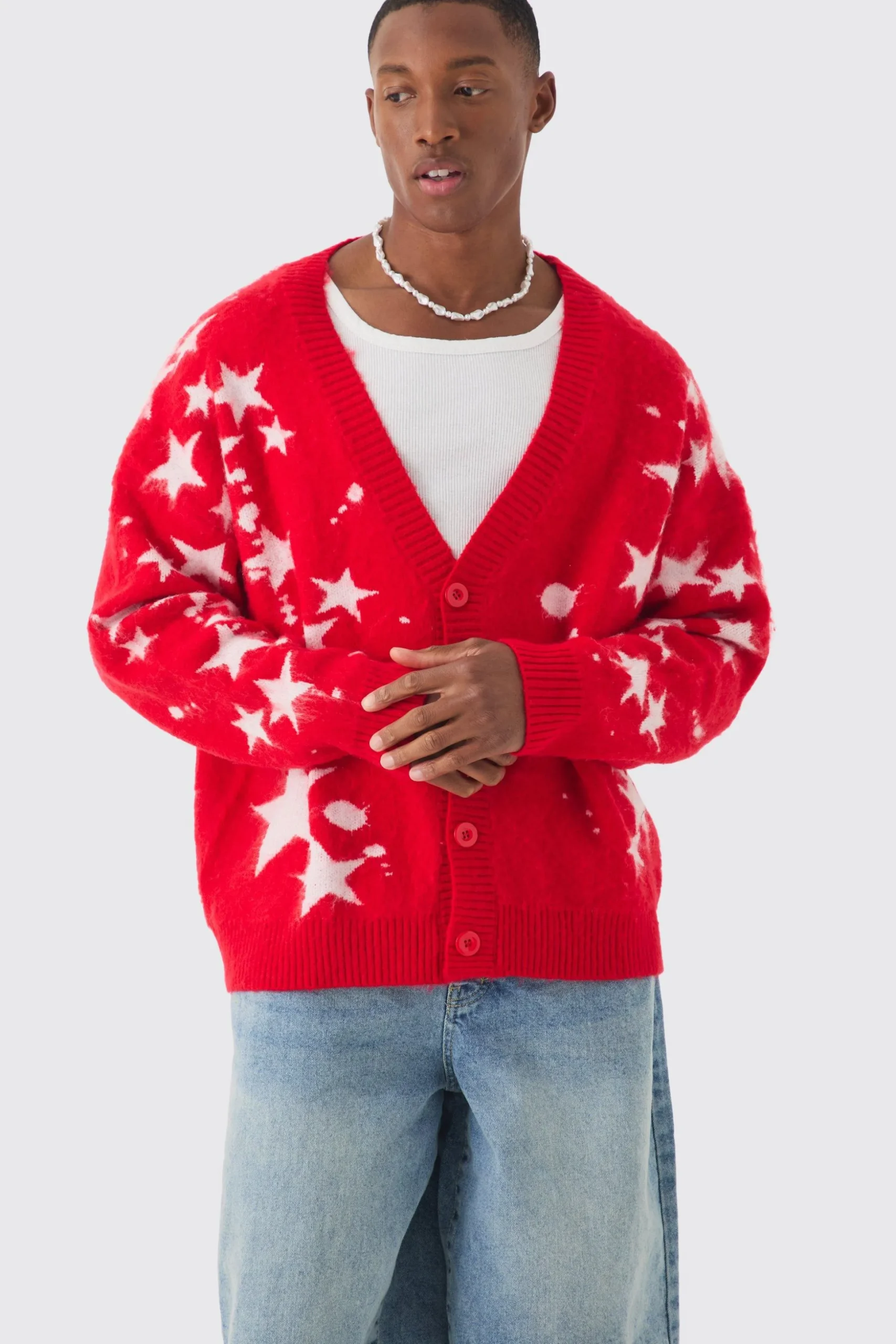 Oversized Boxy Star Brushed Knitted Cardigan | BoohooMAN UK