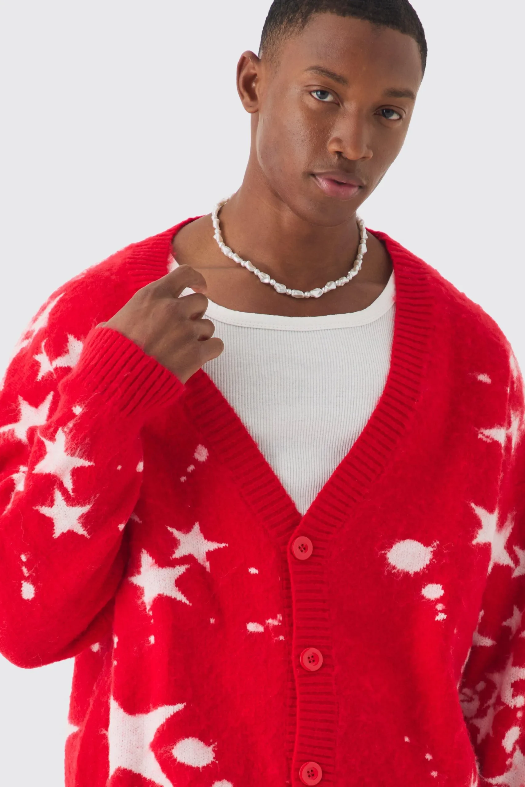 Oversized Boxy Star Brushed Knitted Cardigan | BoohooMAN UK