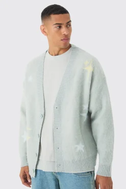Oversized Boxy Star Brushed Knitted Cardigan | BoohooMAN UK