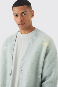 Oversized Boxy Star Brushed Knitted Cardigan | BoohooMAN UK