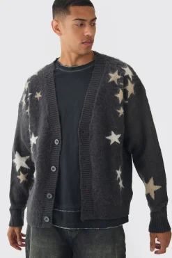 Oversized Boxy Star Brushed Knitted Cardigan | BoohooMAN UK