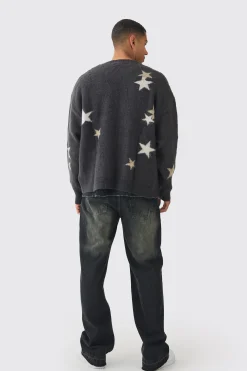 Oversized Boxy Star Brushed Knitted Cardigan | BoohooMAN UK